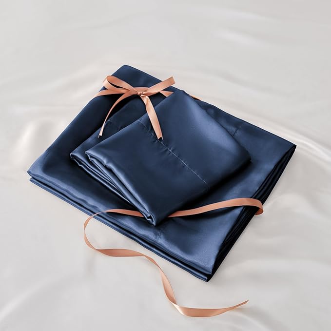 BEDELITE Satin Sheets Queen Size Bed Set, Luxury Soft Navy Silky Sheets for Hair and Skin, Similar to Silk Bed Sheets Set 4 Pieces （1 Deep Pocket Fitted Sheet, 1 Flat Sheet, and 2 Pillowcases）