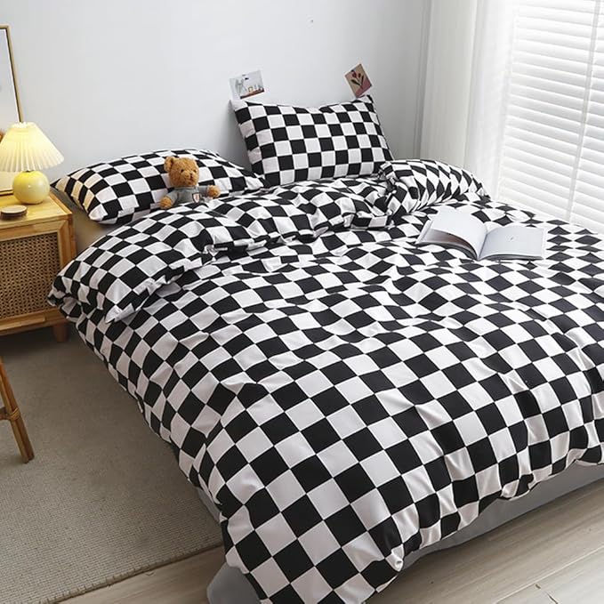 CLOTHKNOW Black White Plaid Comforter Set Queen Grid Bedding Comforter Sets Soft Checker Geometric Queen Comforter with 2 x Pillow Cases