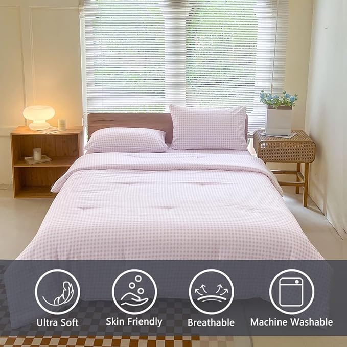 NSNLGSGC Queen Comforter Set, Pink Gingham Bedding Comforter Sets, Pink Grid Bed Comforter 3 Pieces (1 Comforter, 2 Pillowcases)