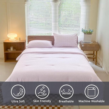 NSNLGSGC Queen Comforter Set, Pink Gingham Bedding Comforter Sets, Pink Grid Bed Comforter 3 Pieces (1 Comforter, 2 Pillowcases)
