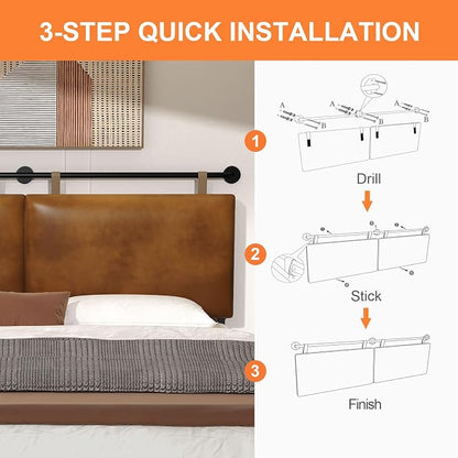 BSHOMGI Queen Headboard, Hanging Headboards with Brown Faux Leather Industrial Pipe Modern Style Only for Bed Backboard Headboards for Queen Size Bed