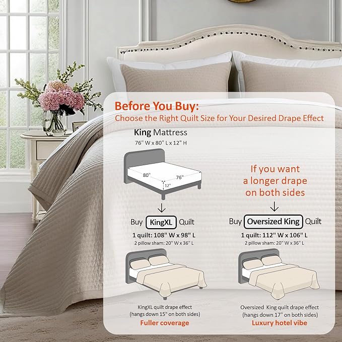 KASENTEX King XL Quilt Set 108"x98" – Soft Washed 3-Layer Lightweight Bedspread,Minimalist Nordic Design, All-Season Spring & Summer Quilt Set (1 Quilt + 2 Pillow Shams),Light Taupe