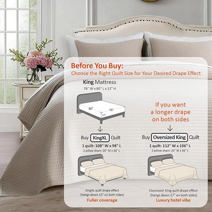 KASENTEX King XL Quilt Set 108"x98" – Soft Washed 3-Layer Lightweight Bedspread,Minimalist Nordic Design, All-Season Spring & Summer Quilt Set (1 Quilt + 2 Pillow Shams),Light Taupe