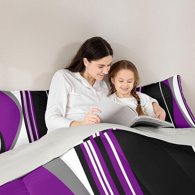 Erosebridal Purple Black Abstract King Bedding Set Grey Modern Striped Comforter Set for Adult Women Men Geometric Stripes Lines Bed Collections Contemporary Art Boho Duvet Quilt Sets for Minimalist