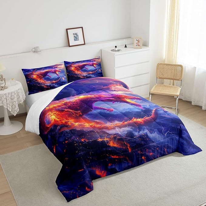 Fire Dragon Comforter Set Queen Size,Galaxy Starry Sky Flame Dragon Bedding Set,Kids Girls Boys Teens Bedroom Decor,Western Magical Style Quilt Set Lightning Wild Animals Duvet Insert,2 Pillowcases