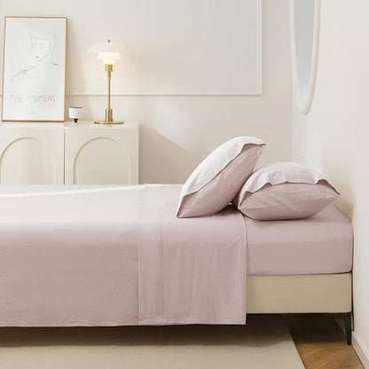 JIYUAN Twin Size Sheet Set, 3-Piece - 100% Washed Cotton, Linen-Like Soft & Breathable, Includes Deep Pocket Fitted & Flat Sheet with 1 Pillowcases, Hotel Quality, Heathered Greyish Pink