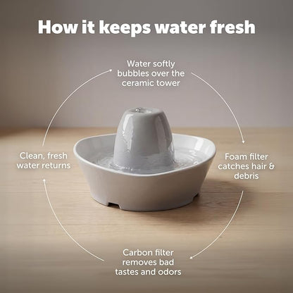 PetSafe Creekside Ceramic Pet Fountain, 60 Oz, 4-Pack Carbon Filters | 60 Oz Capacity, Whisper-Quiet Flow, Includes Carbon Filters, Top-Rack Dishwasher Safe