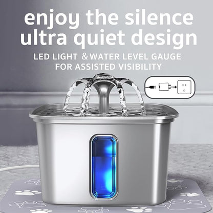 Veken Innovation Award Winner Stainless Steel Cat Water Fountain, 108oz | Automatic Pet Fountain Dog Water Dispenser with 6 Replacement Filters & Silicone Mat for Cats, Dogs, Multiple Pets (Silver)