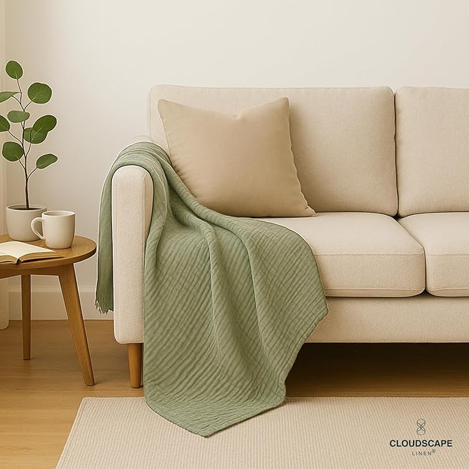 CLOUDSCAPE 100% Cotton Muslin Throw Blanket for Adults - 4 Layer 50x70 Oversized Breathable Gauze Bedding, All Season Spring Gifting, Cozy Lightweight Throw for Sofa, Couch, Home Decor - Olive Green