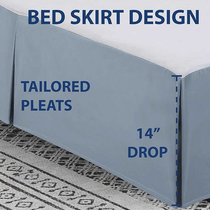 Cathay Home Double Brushed Microfiber Pleated Easy Fit Bed Skirt, Ultra Soft, Fade and Wrinkle Resistant - Blue Fog, Twin