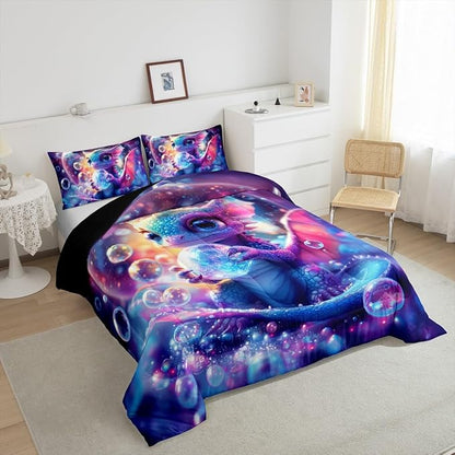 Feelyou Dragon Comforter Set King Size Kawaii Comforter for Boys Girls Teens Wild Life Bedding Set Dragon Decor Duvet Set Room Decor Purple Blue Quilt Set