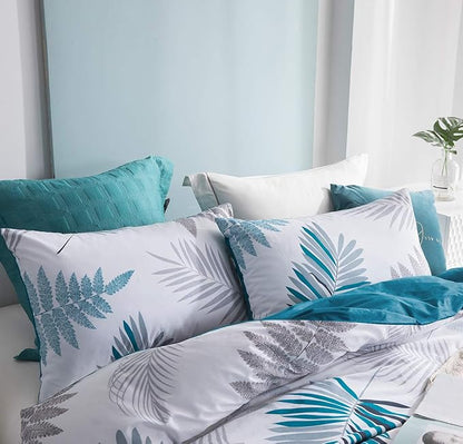 SLEEPBELLA Duvet Cover Twin, 600 Thread Count Cotton Leaf Botanical Pattern Print Reversible Comforter Cover Set (Twin, Teal Blue-Leaf)