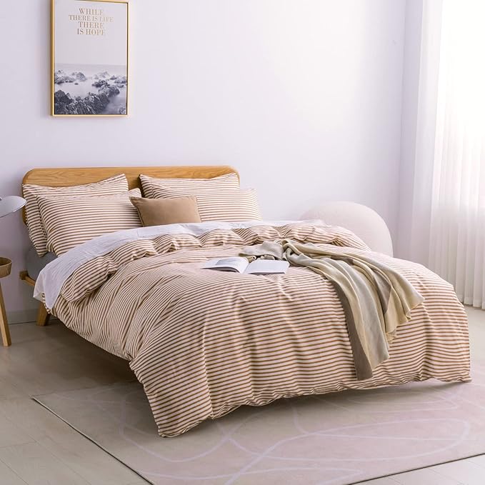 JELLYMONI Cal King Duvet Cover Set, Cotton Duvet Cover 3 Pieces with Zipper Closure, 1 Duvet Cover and 2 Pillowcases(White with Rust Striped)
