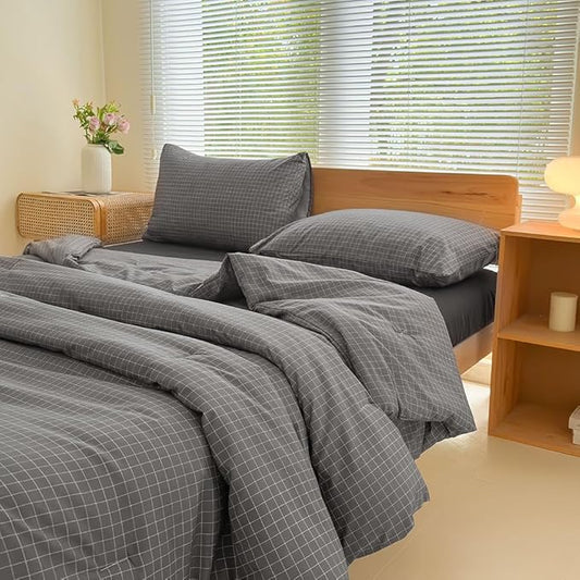 NSNLGSGC Twin Comforter Set, Dark Gray Plaid Bedding Sets, Charcoal Grid Bed Comforter 2 Pieces (1 Comforter, 1 Pillowcase)