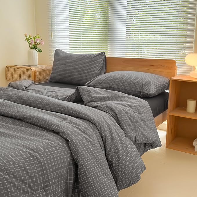 NSNLGSGC King Size Comforter Set, Dark Gray Plaid Bedding Comforter Sets, Charcoal Grid Bed Comforter 3 Pieces (1 Comforter, 2 Pillowcases)