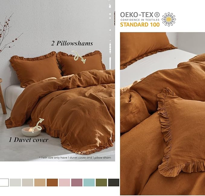 Simple&Opulence 100% Linen Duvet Cover Set, 3 PCS Natural French Flax Rust Ruffle Duvet Cover King Size, Breathable Comfy Linen Bedding Comforter Cover with 2 Pillowcases (Rust, 104" X 92")