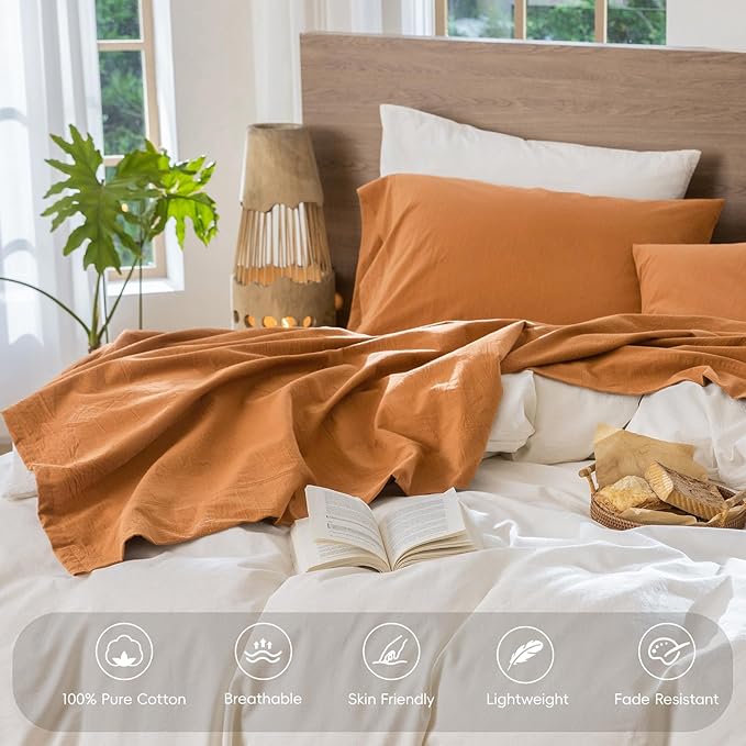 MooMee Bedding Sheet Set 100% Washed Cotton Linen Like Textured Breathable Durable Soft Comfy (Solid Burnt Orange, Queen)