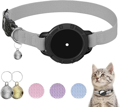 AirTag Cat Collars, Stretchy Collar with AirTag Holder and Bell | Breakaway - Ultra Design Elastic - GPS Tracking Collars - Adjustable Size for Cats & Puppies 7.5-12.5" - (Gray)