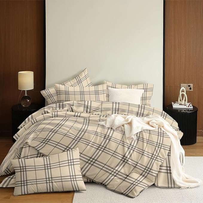 Nayoroom Plaid Duvet Cover Queen Size Vintage Tan Cream Gingham Checkered Duvet Cover Dorm Bedding Set 3 Pieces Soft Lightweight Microfiber Farmhouse Bedding Set Gifts for Women Men
