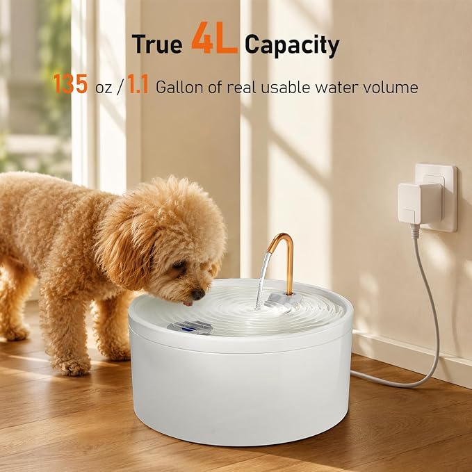 MISFANS Ceramic Dog Water Fountain, 4L/135oz/1.1Gal – All-Ceramic Body with Copper Water Spout – Pet Drinking Fountain for Medium & Small Dogs, Ultra-Quiet Pump, Includes 3 Filters & Sponges