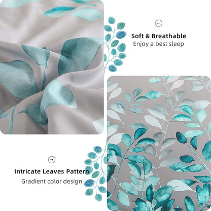 Anibedding 7 Pieces Teal Green King Bed in a Bag Set, Green Botanical Gradient Leaves Ultra Soft Microfiber Down Alternative Bedding Set with Sheets and Bedroom for All Season