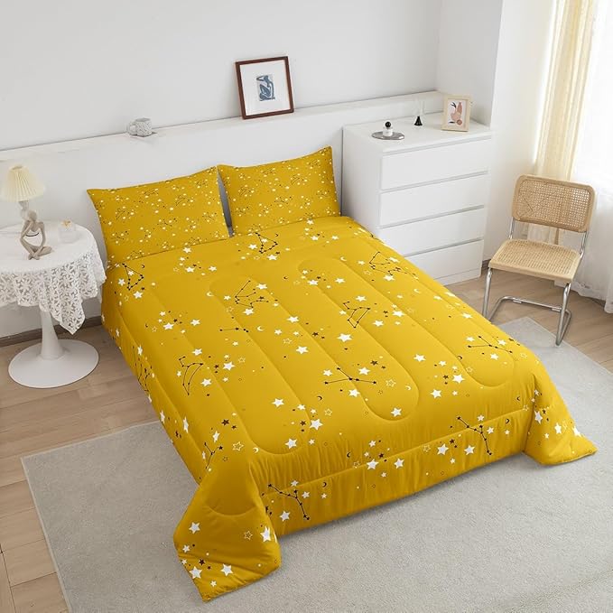 Erosebridal Yellow and Grey Constellation Comforter Set, Galaxy Moon Stars Pattern Reversible Bedding for Kids Toddler Youth Soft Microfiber Bedding Comforter Sets King 3 Pieces
