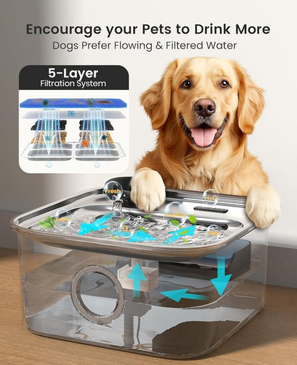 oneisall 10L/2.6Gal Dog Water Fountain for Large Dogs (with 5 Filters) | Deeper & Wider Drinking Area, Visualization Water Window & Triple Filtration,304 Stainless Steel