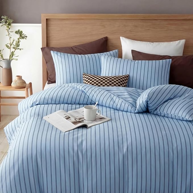 Bedbay Blue Striped Duvet Cover Set King Size, 100% Cotton Sateen Bedding Set, Soft Breathable Hotel-Inspired 3 Piece Duvet Cover for All Seasons