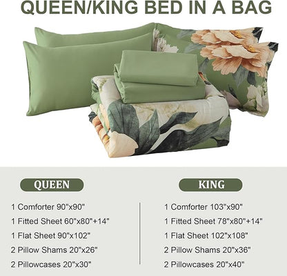 Dobuyly King Size Comforter Set 7 Piece Bed in a Bag, Olive Green Floral Comforter Set with Sheets, Soft Microfiber Botanical Flower Bedding Set for All Season