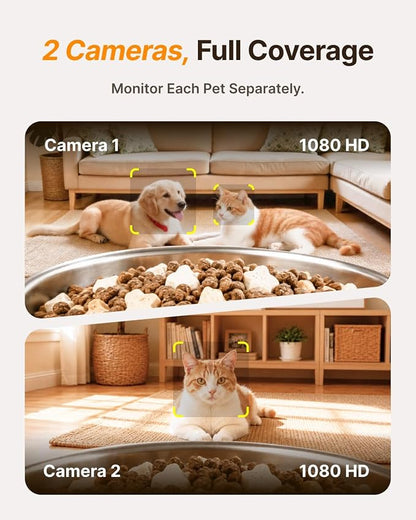 Dual-Camera Automatic Pet Feeder with 2 Bowls, 6L Smart Feeder for 2 Cats | 2K HD Video, App Control, Slow Feed Mode, Up to 20 Meals, 2-Way Audio, Night Vision, iOS/Android, Dry Food Only, White