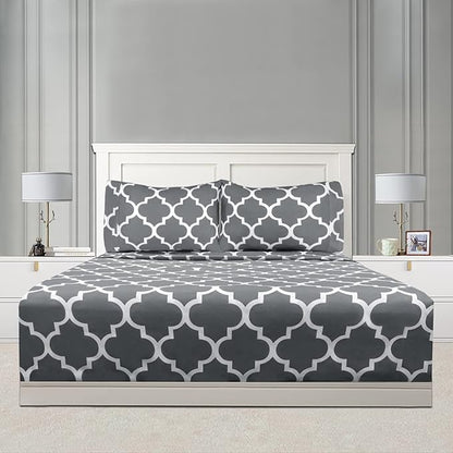 Mejoroom King Bed Sheet Set - Super Soft Brushed Microfiber 1800 Thread Count Sheets with 15 inch Deep Pocket - Wrinkle Free - 4 Piece (King, Grey Quatrefoil with White Pattern)
