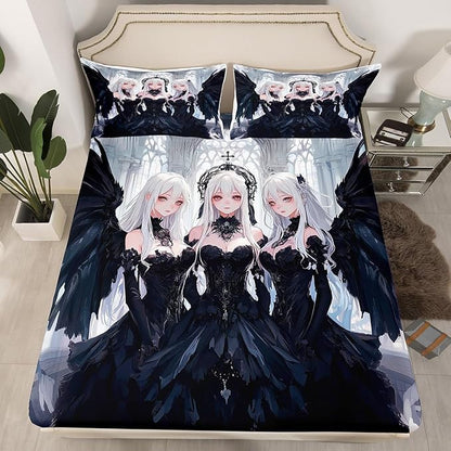 Erosebridal Japanese Anime Queen Size Fitted Sheet, Anime Girl Bedding Set Kawaii Japanese Style Bed Sheets Cartoon Japan Animation Bed Set for Boys Teens Adult Women Bedroom Decor, Black