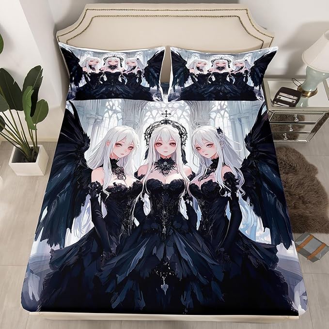 Erosebridal Japanese Anime Twin Size Fitted Sheet, Anime Girl Bedding Set Kawaii Japanese Style Bed Sheets Cartoon Japan Animation Bed Set for Boys Teens Adult Women Bedroom Decor, Black