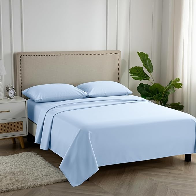Carressa Linen Luxury Egyptian Cotton 4 PC Queen Size Sheet Set - 600 Thread Count Deep Pocket Fitted and Flat Sheets, Soft, Cooling Extra Long Staple Hotel Bedding with Sateen Weave, Sky Blue