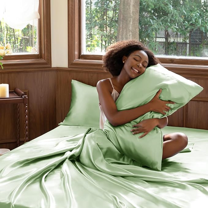 CozyLux Satin Sheets King Size Sheet Set - 4 Piece Silky King Sheets, Luxury Sage Green King Bed Set with Smooth and Soft Microfiber, Includes 1 Fitted Sheet, 1 Flat Sheet and 2 Pillowcases