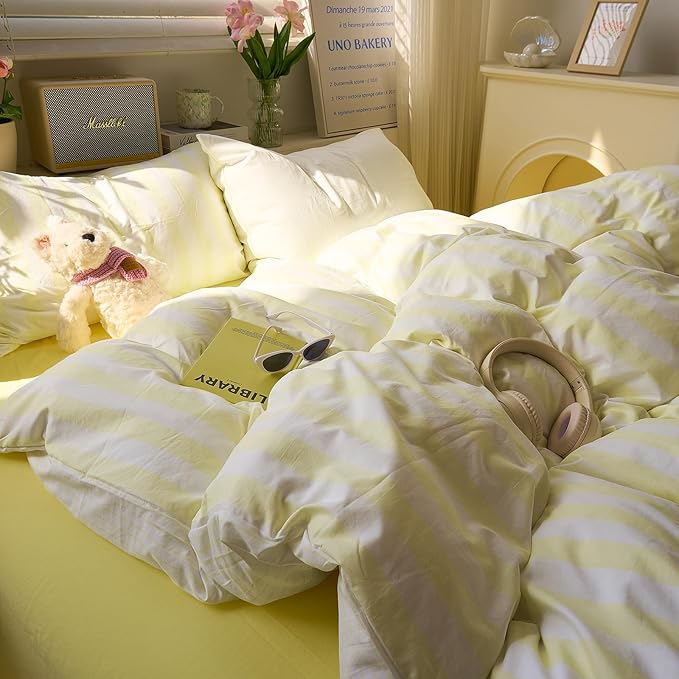 EAVD Yellow and White Vertical Striped Duvet Cover Twin XL Soft Washed Microfiber Farmhouse Yellow Striped Bedding Set with 2 Pillowcases Reversible Geometric Pattern Duvet Cover with Zipper Closure
