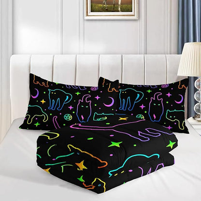 Black Cat Bedding Cartoon Cat Comforter Set Twin,Moon Stars Printed Kids Bedding Set for Boys Girls Adults Room Decor,Kids Comforter Set All Season,1 Quilt 2 Pillow Cases,Neon Color Blue Green