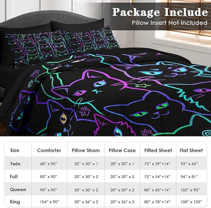 7 Pcs King Size Comforter Set with 2 Pillowcases & 2 Shams, Cute Cat Halloween Bedding Set for Kids and Adults, Neon Funny Gothic Bed in a Bag with Flat Sheet and Fitted Sheet