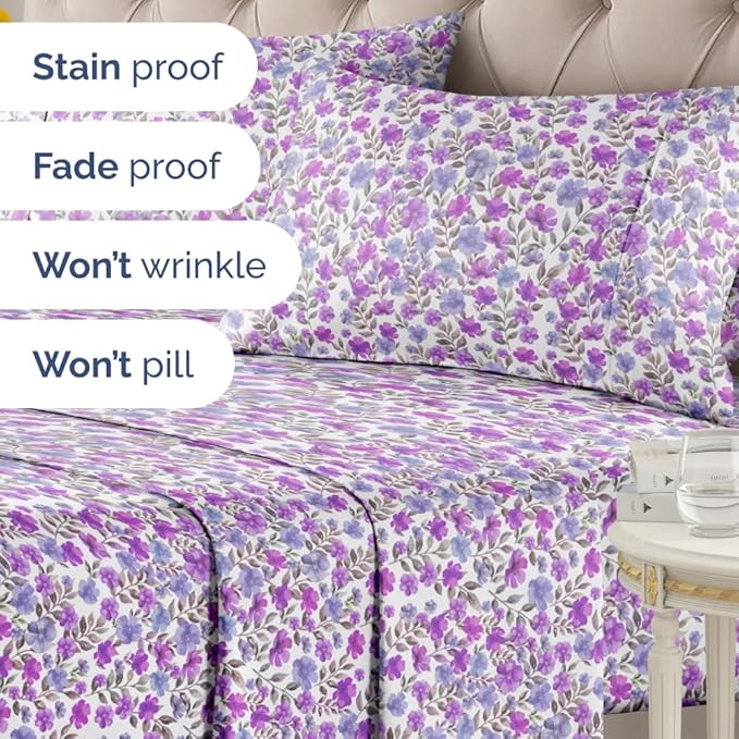 Floral Sheets - Purple Floral Bed Sheet Set - 1 Flat, 1 Fitted & 2 Pillowcases w/ Deep Pockets - Comfy, Wrinkle & Fade Free Boho Botanical Bedding - Soft, Breathable & Cooling - New King Size