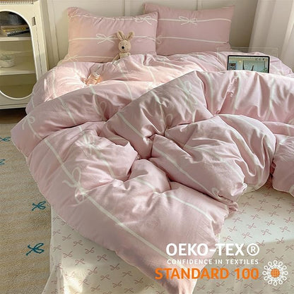 Nayoroom Pink Bow Duvet Cover Queen Size Kids Girls Cute Coquette Bedding Set 3 Pcs Soft Microfiber Reversible White Striped Comforter Cover Gifts for Women