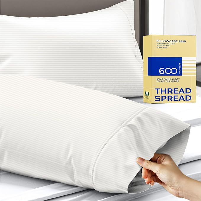 Thread Spread 100% Egyptian Cotton Pillow Cases Queen Size Set of 2 - Luxury 600 Series Bliss Collection Queen Pillow Cases (Ivory Stripe), Soft Cooling Hotel Cotton Pillowcases, Sateen Finish