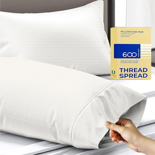 Thread Spread 100% Egyptian Cotton Pillow Cases Queen Size Set of 2 - Luxury 600 Series Bliss Collection Queen Pillow Cases (Ivory Stripe), Soft Cooling Hotel Cotton Pillowcases, Sateen Finish