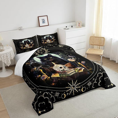 Trippy Cat Comforter Set Queen Size,Sun and Moon Kids Bedding Set Gothic Sugar Skull Crow Print Quilt Set for Girls Boys Adult Room Decor,Exotic Daisy Floral Duvet Insert,2 Pillowcases,Black