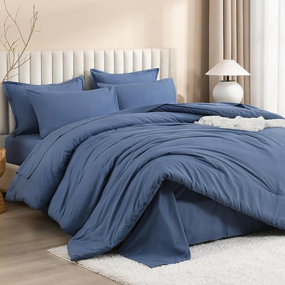 Litanika California King Comforter Set Ocean Blue - 7 Pieces Bed in a Bag Cal King Bedding Comforter Sets, Plain Lightweight Bed Set with Comforter, Sheets, Pillowcases & Shams