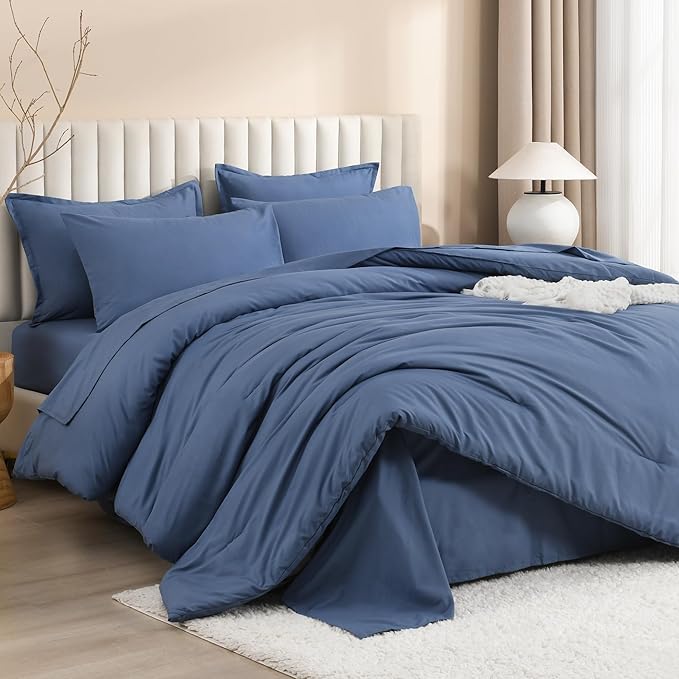 Litanika King Size Comforter Set Ocean Blue - 7 Pieces Bed in a Bag King Bedding Comforter Sets, Solid Lightweight Bed Set with Comforter, Sheets, Pillowcases & Shams