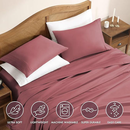 ClevaHome Sheet Set Full Size, 4-Piece Bedding, Lightweight & Super Soft Easy Care Microfiber– Shrinkage & Fade Resistant Bedding Set with 14'' Deep Pockets (Dusty Rose)