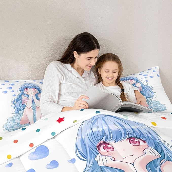 Erosebridal Blue Girly Anime Kids Down Comforter,Cute Cartoon Girl Queen Comforter Set Romantic Aesthetic Bedding Set Kawaii Watercolor Love Heart Quilt Set 2 Pillow Cases