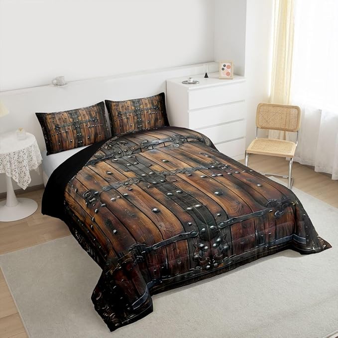 Medieval Themed Comforter Set Toddler Size,Castle Knight Wall Bedding Set for Kids Teens Bedroom,Retro Wooden Board Down Comforter,2 Pcs 1 Pillowcase