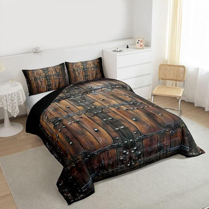 Medieval Themed Comforter Set Toddler Size,Castle Knight Wall Bedding Set for Kids Teens Bedroom,Retro Wooden Board Down Comforter,2 Pcs 1 Pillowcase