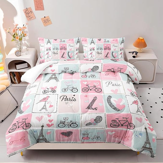Pink Eiffel Tower Comforter Set Queen Paris Theme Bedding Sets 3PCS for Kids Teen Adult Girl Room Decor Ultra-Soft Lightweight Microfiber 1 Comforter with 2 Pillowcases